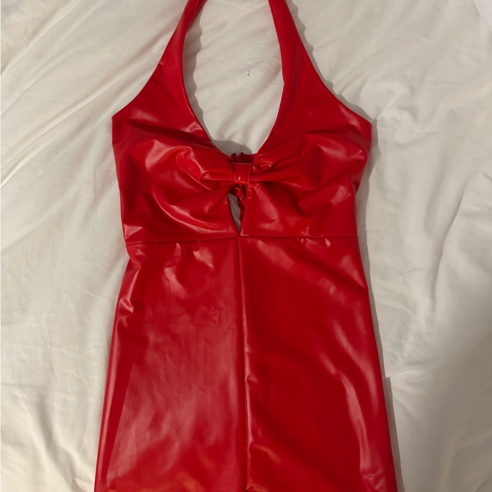 Red Mini Dress with Plunging Neckline and Glossy Finish